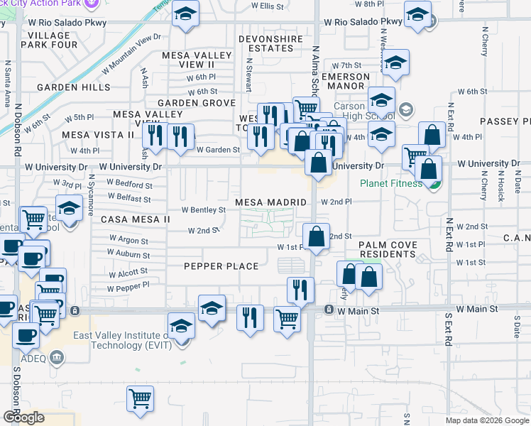 map of restaurants, bars, coffee shops, grocery stores, and more near Mesa Madrid Townhouses in Mesa