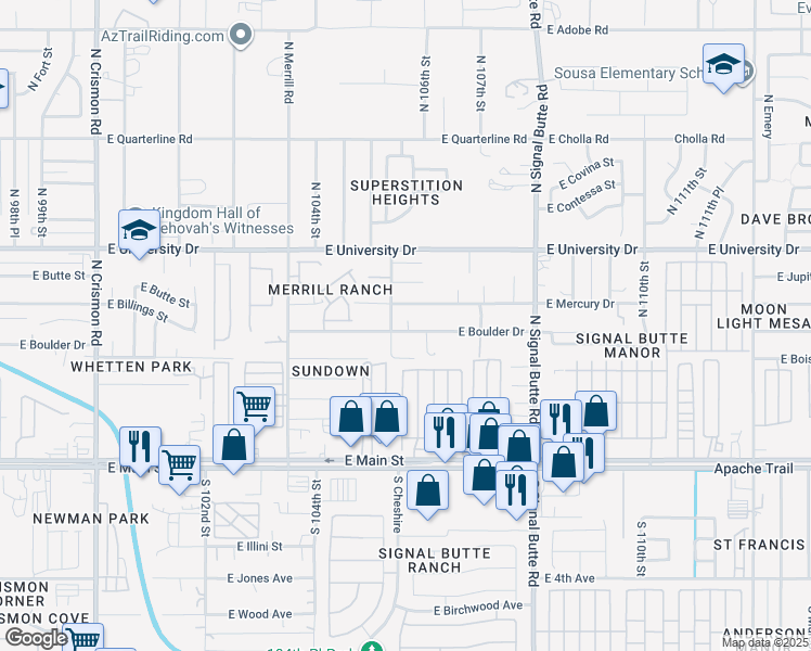 map of restaurants, bars, coffee shops, grocery stores, and more near 10544 East Boulder Drive in Apache Junction