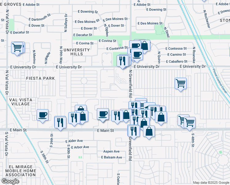 map of restaurants, bars, coffee shops, grocery stores, and more near 220 North Greenfield Road in Mesa