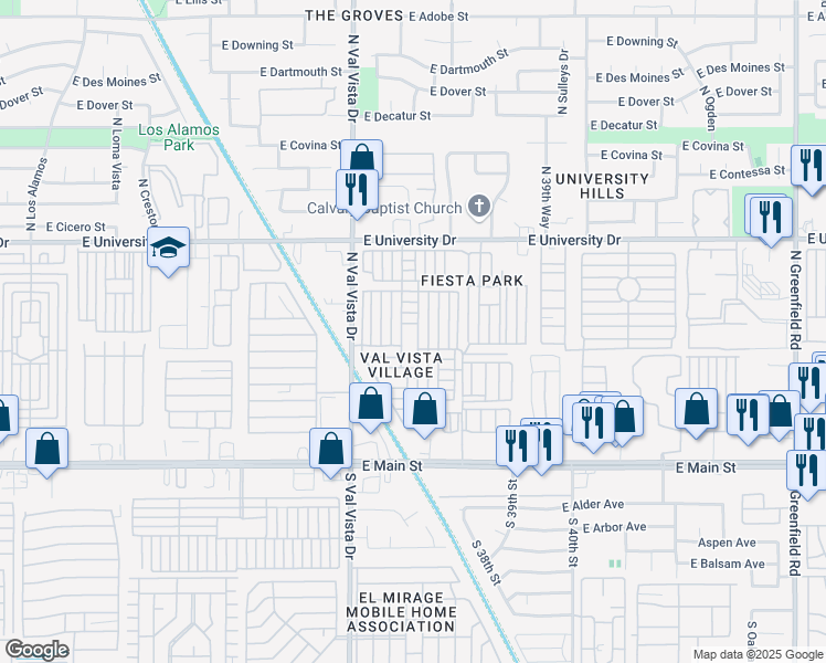 map of restaurants, bars, coffee shops, grocery stores, and more near 233 North Val Vista Drive in Mesa