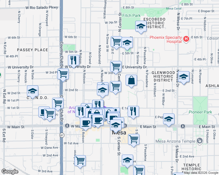 map of restaurants, bars, coffee shops, grocery stores, and more near 215 North Drew Street in Mesa