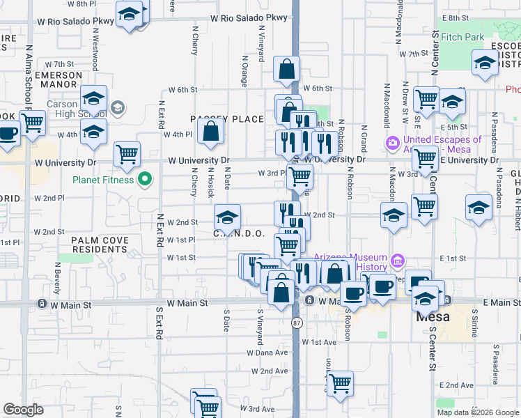 map of restaurants, bars, coffee shops, grocery stores, and more near 449 West 2nd Place in Mesa