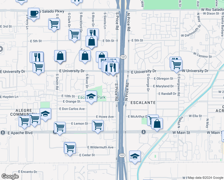 map of restaurants, bars, coffee shops, grocery stores, and more near 2143 East Center Lane in Tempe