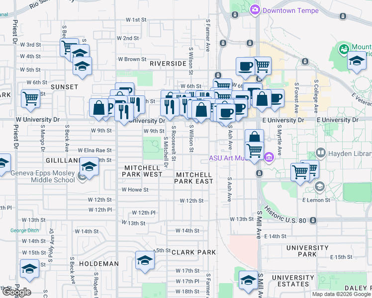 map of restaurants, bars, coffee shops, grocery stores, and more near in Tempe