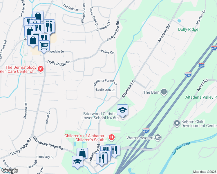 map of restaurants, bars, coffee shops, grocery stores, and more near 3641 Leslie Ann Road in Vestavia Hills