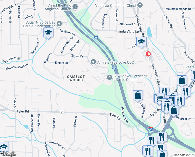 map of restaurants, bars, coffee shops, grocery stores, and more near 2518 Hackberry Lane in Hoover