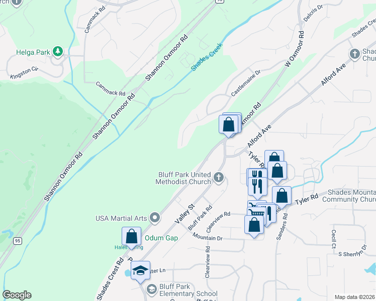map of restaurants, bars, coffee shops, grocery stores, and more near 1170 Castlemaine Drive in Birmingham