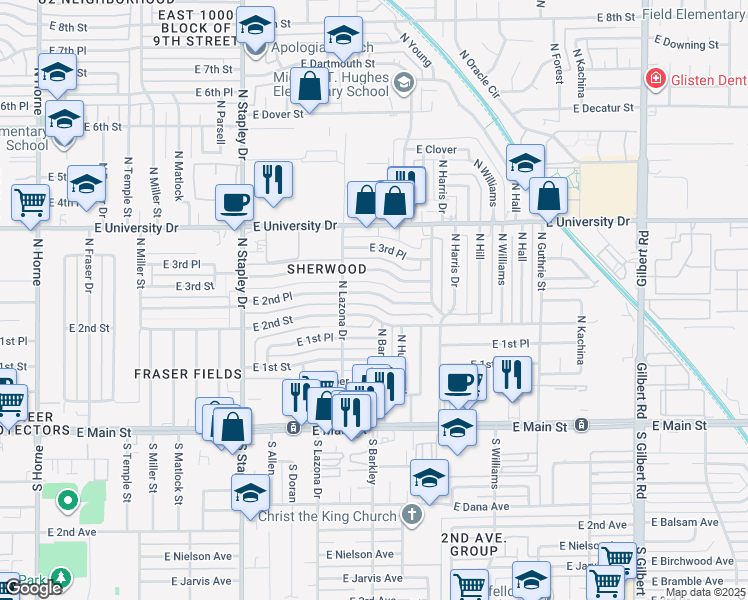 map of restaurants, bars, coffee shops, grocery stores, and more near 1443 E 2nd Pl in Mesa