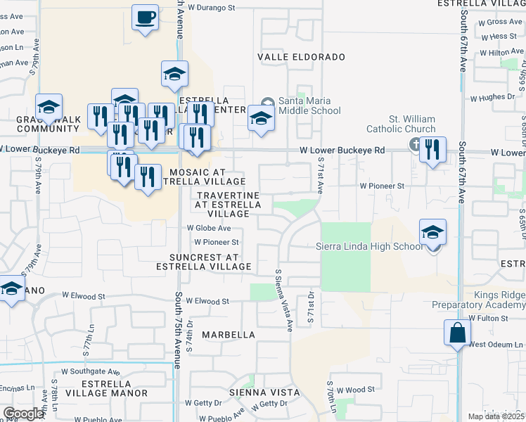 map of restaurants, bars, coffee shops, grocery stores, and more near 7250 West Crown King Road in Phoenix