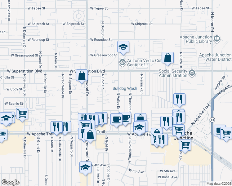 map of restaurants, bars, coffee shops, grocery stores, and more near 512 North Valley Drive in Apache Junction