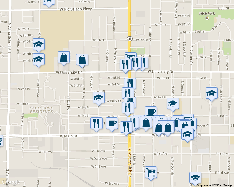 map of restaurants, bars, coffee shops, grocery stores, and more near 449 W 2nd Pl in Mesa