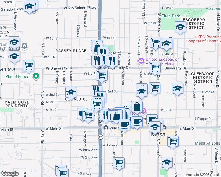 map of restaurants, bars, coffee shops, grocery stores, and more near 248 West 2nd Street in Mesa