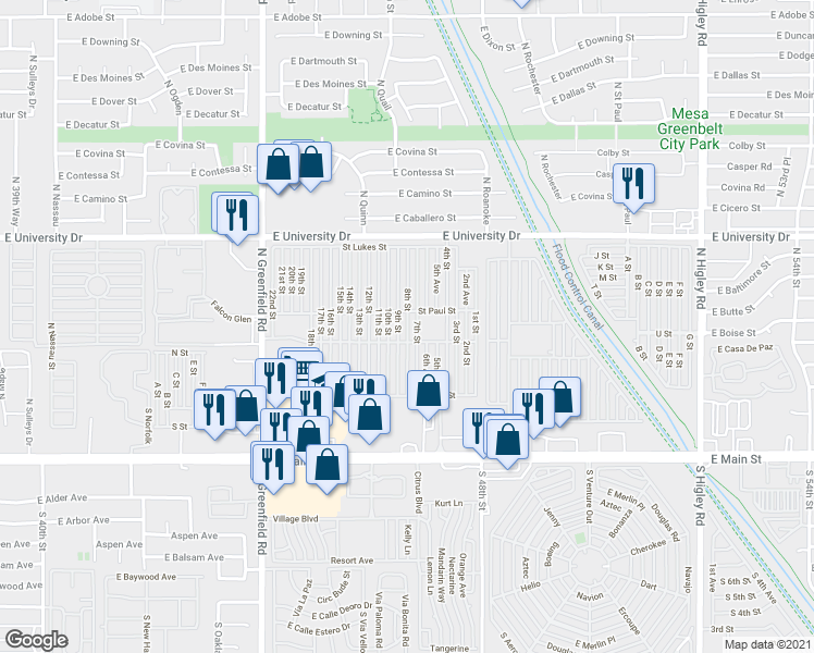 map of restaurants, bars, coffee shops, grocery stores, and more near 8th Street in Mesa