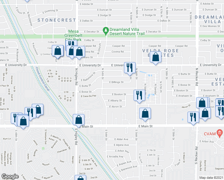 map of restaurants, bars, coffee shops, grocery stores, and more near 5441 East Boise Street in Mesa