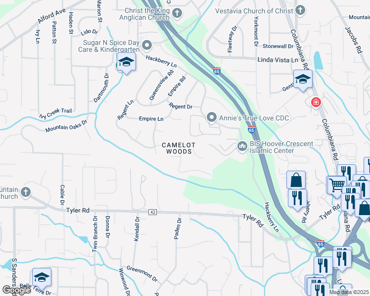 map of restaurants, bars, coffee shops, grocery stores, and more near 2403 Gawain Drive in Birmingham