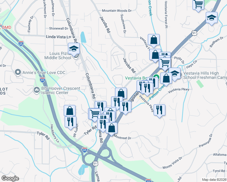 map of restaurants, bars, coffee shops, grocery stores, and more near 3032 Massey Road in Vestavia Hills