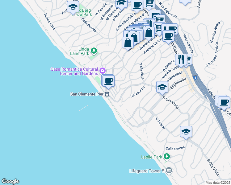 map of restaurants, bars, coffee shops, grocery stores, and more near 119 South Alameda Lane in San Clemente