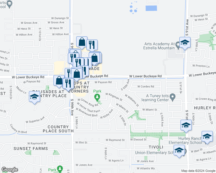 map of restaurants, bars, coffee shops, grocery stores, and more near 9636 West Cordes Road in Tolleson