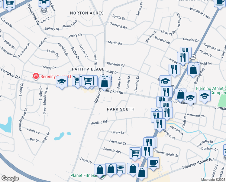 map of restaurants, bars, coffee shops, grocery stores, and more near 2180 Lumpkin Rd in Augusta