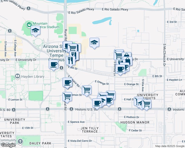 map of restaurants, bars, coffee shops, grocery stores, and more near 1005 East 8th Street in Tempe