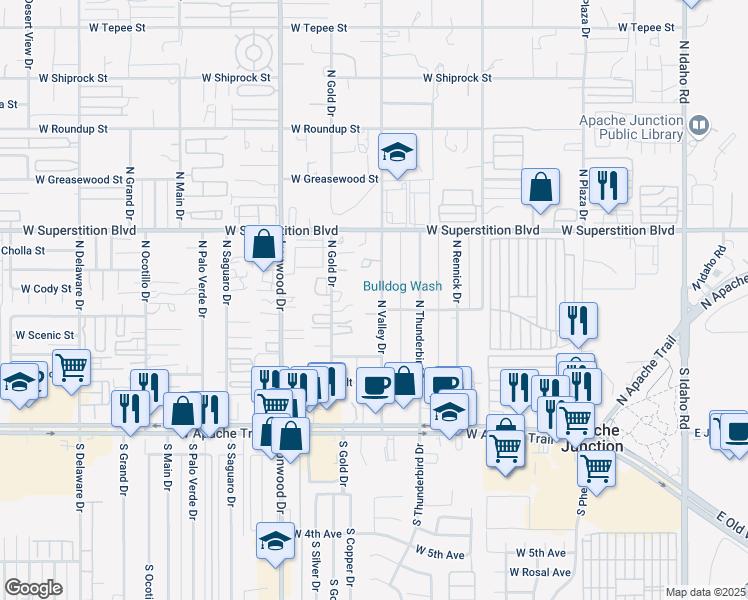 map of restaurants, bars, coffee shops, grocery stores, and more near 512 North Valley Drive in Apache Junction