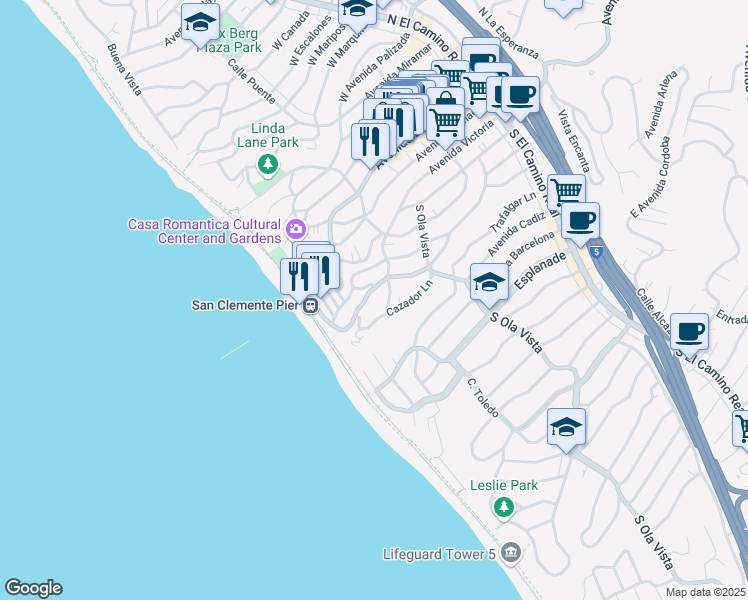 map of restaurants, bars, coffee shops, grocery stores, and more near 507 Avenida Victoria in San Clemente