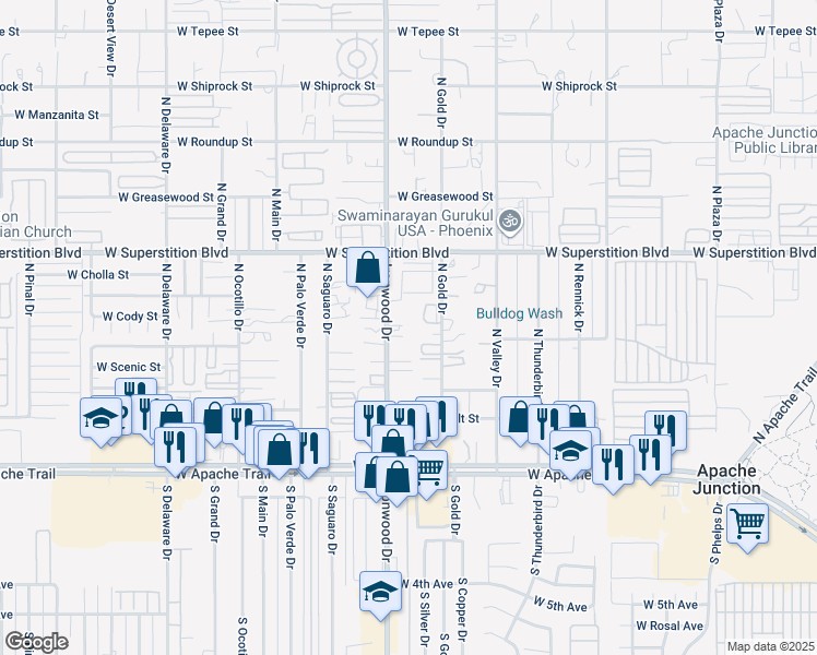 map of restaurants, bars, coffee shops, grocery stores, and more near 517 North Ironwood Drive in Apache Junction