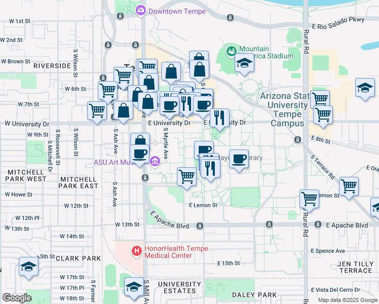 map of restaurants, bars, coffee shops, grocery stores, and more near in Tempe