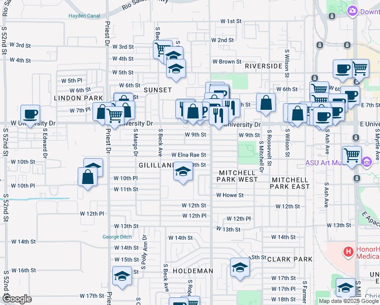 map of restaurants, bars, coffee shops, grocery stores, and more near 1046 West Elna Rae Street in Tempe