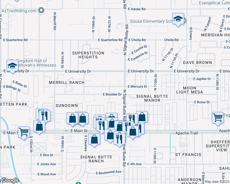 map of restaurants, bars, coffee shops, grocery stores, and more near 10706 East Boulder Drive in Apache Junction