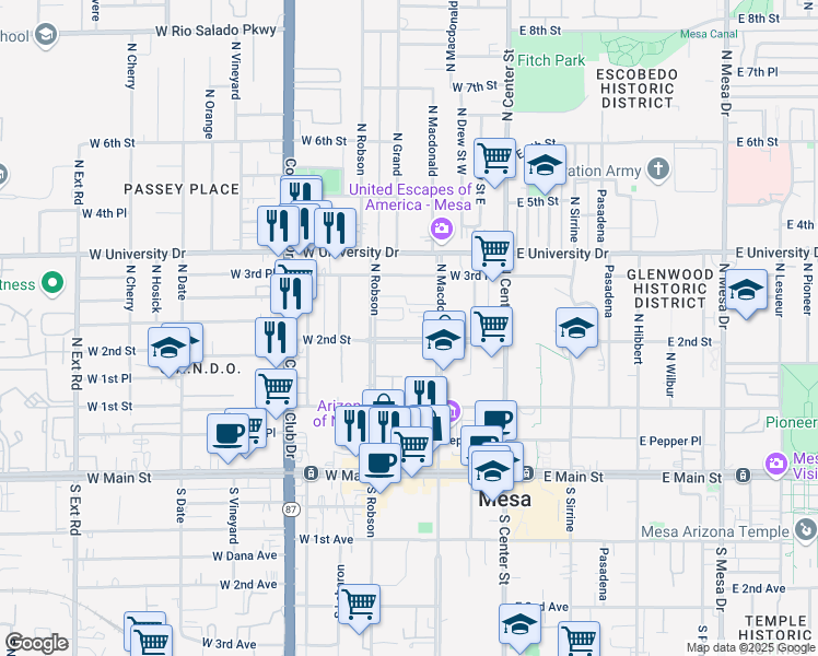 map of restaurants, bars, coffee shops, grocery stores, and more near 142 West 2nd Street in Mesa