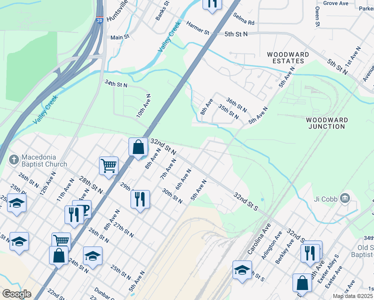 map of restaurants, bars, coffee shops, grocery stores, and more near 3227 7th Avenue North in Bessemer