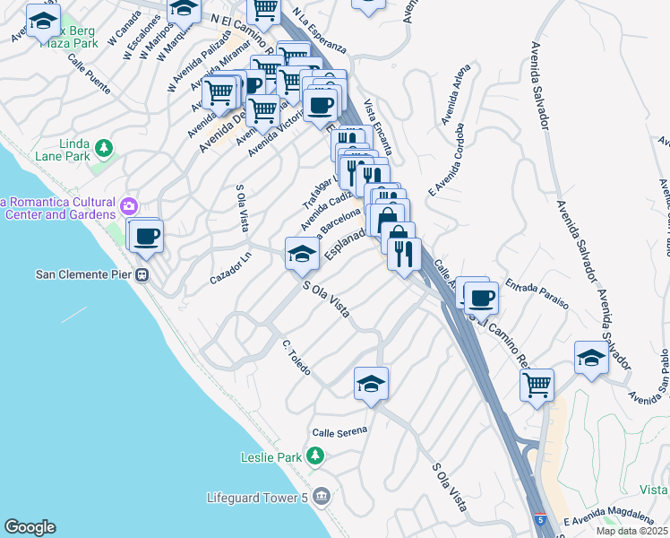 map of restaurants, bars, coffee shops, grocery stores, and more near 128 West Avenida Santiago in San Clemente