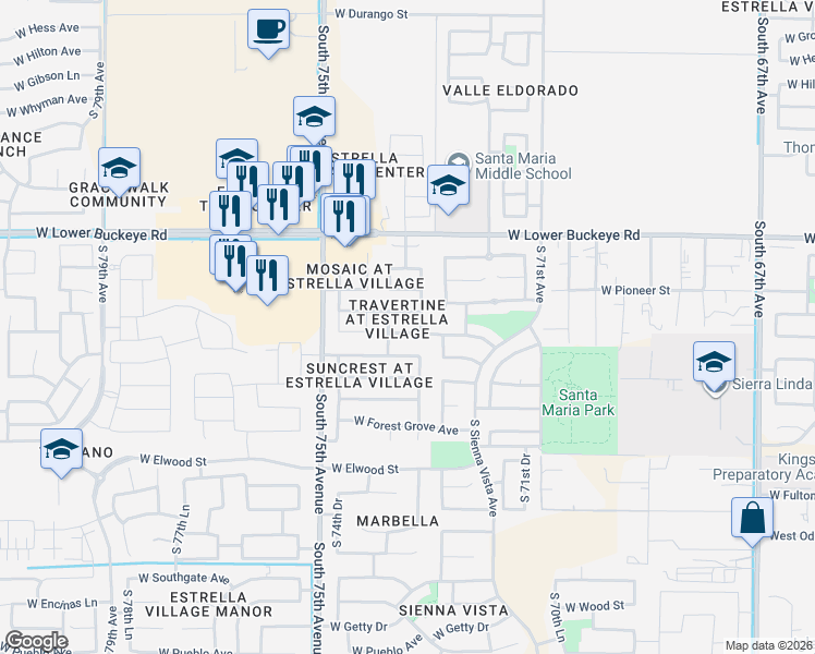 map of restaurants, bars, coffee shops, grocery stores, and more near 7318 West Crown King Road in Phoenix