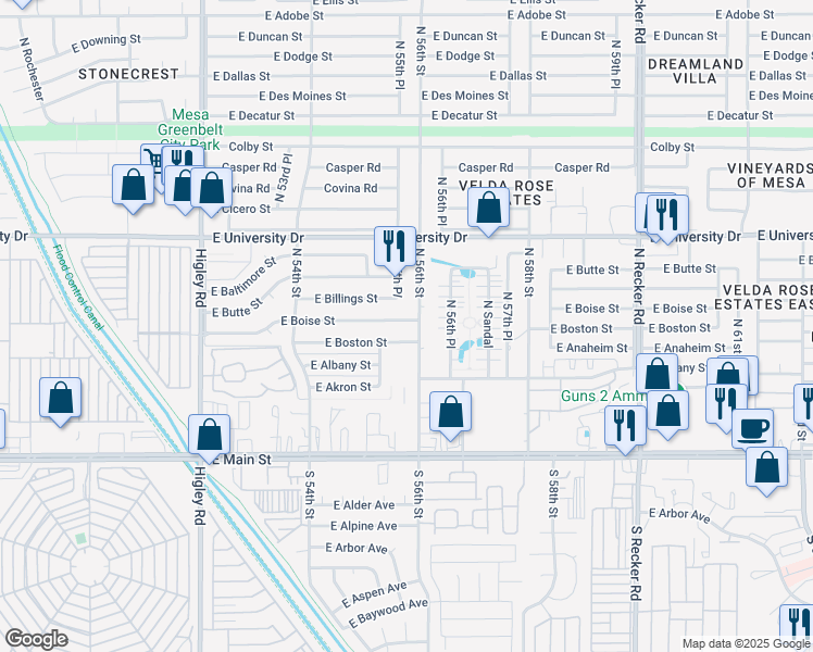 map of restaurants, bars, coffee shops, grocery stores, and more near 5533 East Boise Street in Mesa