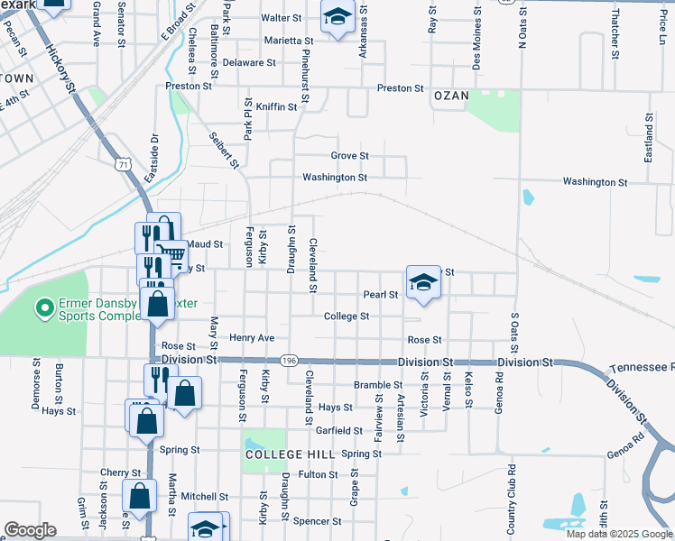 map of restaurants, bars, coffee shops, grocery stores, and more near 2107 Dudley Street in Texarkana