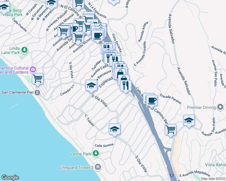 map of restaurants, bars, coffee shops, grocery stores, and more near 112 West Paseo De Cristobal in San Clemente