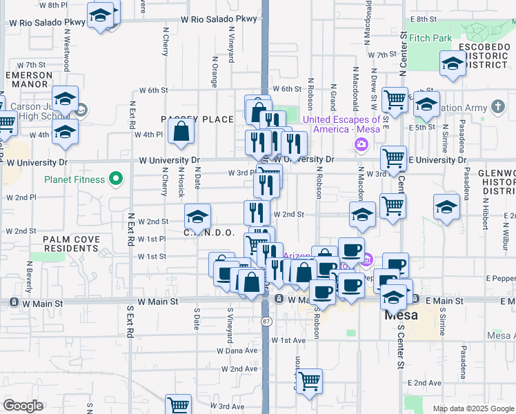 map of restaurants, bars, coffee shops, grocery stores, and more near 244 North Country Club Drive in Mesa