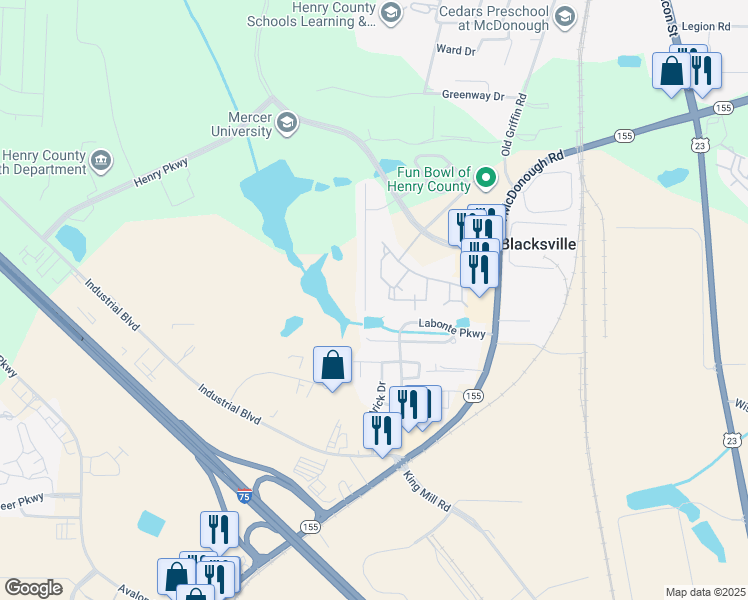 map of restaurants, bars, coffee shops, grocery stores, and more near 265 Long Drive in McDonough