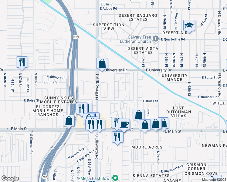 map of restaurants, bars, coffee shops, grocery stores, and more near 9333 East University Drive in Mesa
