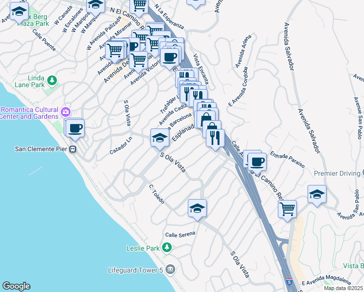 map of restaurants, bars, coffee shops, grocery stores, and more near 128 West Avenida Santiago in San Clemente