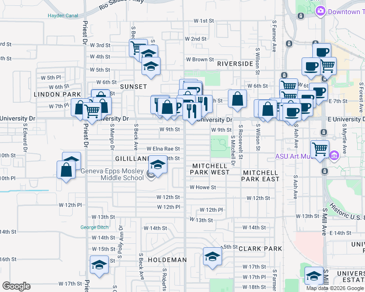 map of restaurants, bars, coffee shops, grocery stores, and more near 1000 West Elna Rae Street in Tempe