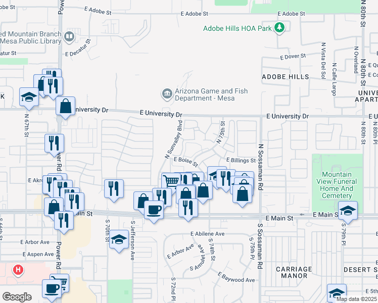 map of restaurants, bars, coffee shops, grocery stores, and more near 234 North 75th Street in Mesa