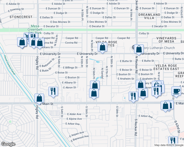 map of restaurants, bars, coffee shops, grocery stores, and more near 226 North 56th Place in Mesa