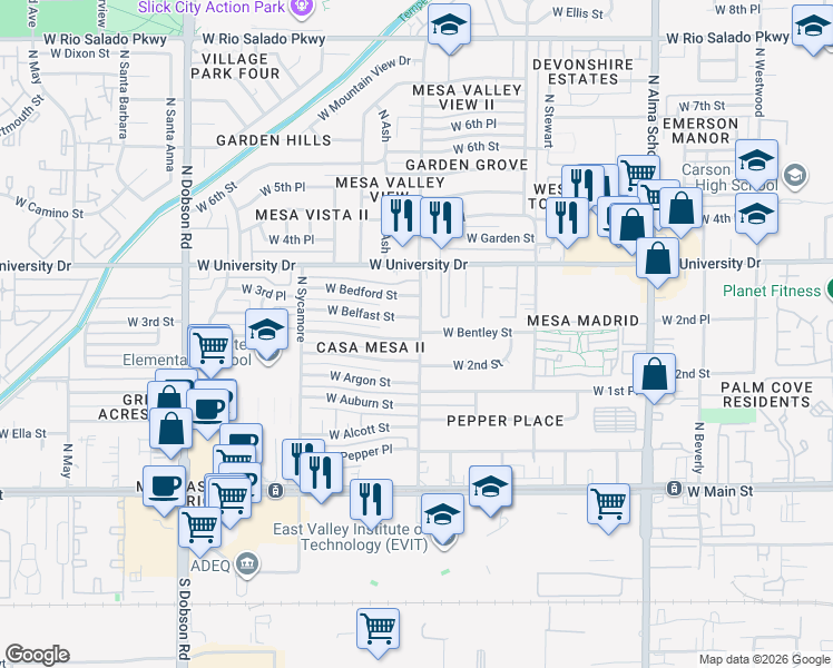 map of restaurants, bars, coffee shops, grocery stores, and more near 1604 West Bentley Street in Mesa