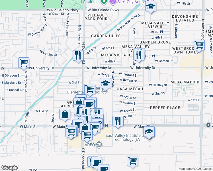 map of restaurants, bars, coffee shops, grocery stores, and more near 255 North Cholla in Mesa