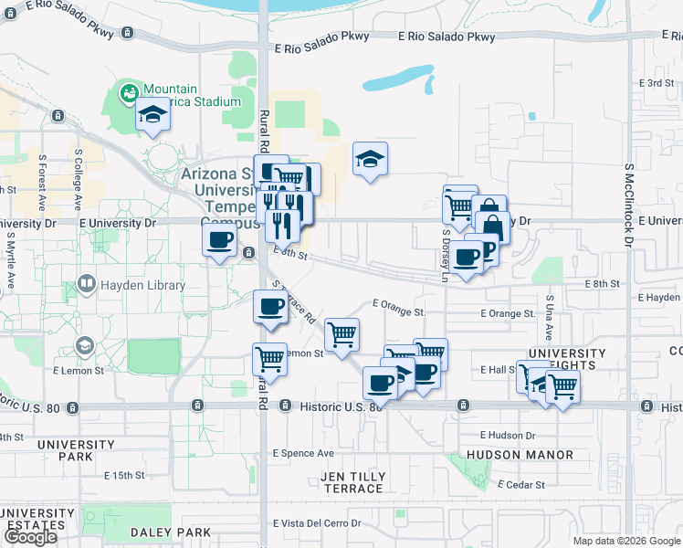 map of restaurants, bars, coffee shops, grocery stores, and more near 1005 East 8th Street in Tempe