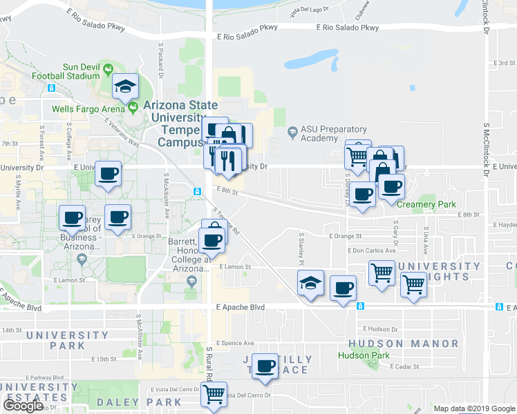 map of restaurants, bars, coffee shops, grocery stores, and more near 1005 East 8th Street in Tempe