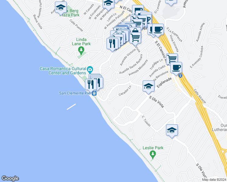 map of restaurants, bars, coffee shops, grocery stores, and more near 510 Elena Lane in San Clemente