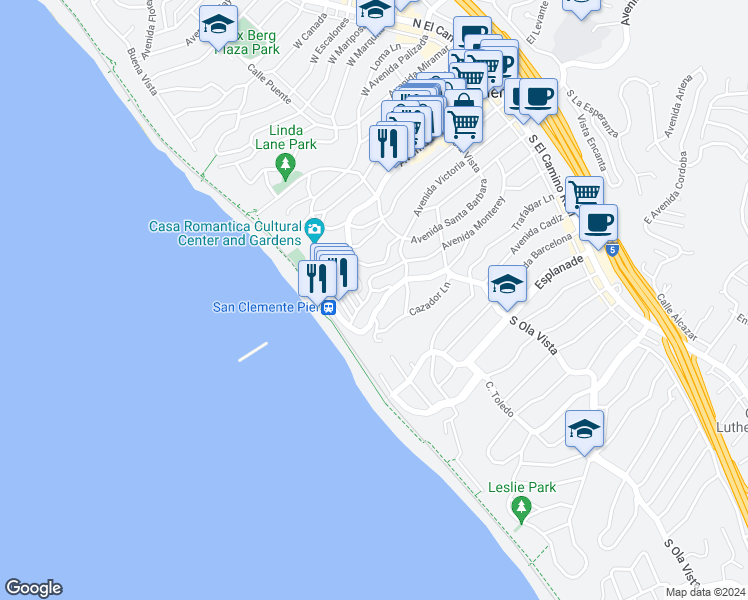 map of restaurants, bars, coffee shops, grocery stores, and more near 504 Monterey Lane in San Clemente